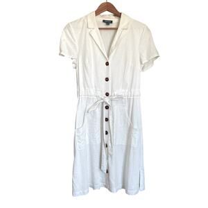 ModCloth Ivory Linen Blend Cinched Waist Shirt Dress S Minimalist Safari Coastal
